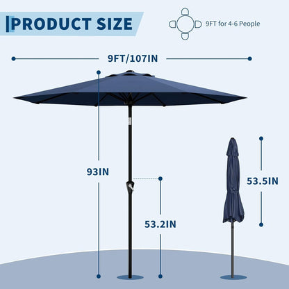 9FT Umbrella Outdoor Patio, Table Umbrella with Push Button Tilt and Crank, 8 Sturdy Ribs Waterproof UV Protection for Garden, Pool, Backyard, Market | Table Umbrella Waterproof UV Protection for Garden, Pool, Deck, Backyard, Market (Navy)2