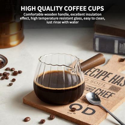 Espresso Cups 6 Oz, Espresso Measuring Cup with Wood Handle, Milk Frothing Cup, Glass Measuring Cup for Coffee, Milk, Tea or Maple Syrup Serving5