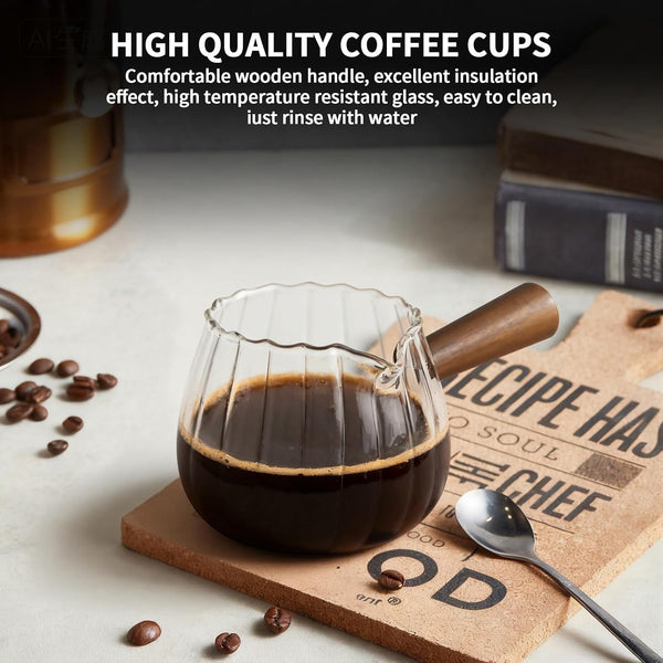 Espresso Cups 6 Oz, Espresso Measuring Cup with Wood Handle, Milk Frothing Cup, Glass Measuring Cup for Coffee, Milk, Tea or Maple Syrup Serving5