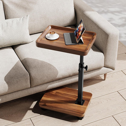 C Table End Table Adjustable Height, 360°Swivel TV Tray Table for Small Spaces, Side Tables with Wheels for Living Room and Bedroom, Bed (Walnut)1