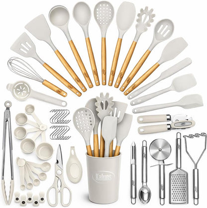 50 PCS Silicone Kitchen Utensils Set Complete Kitchen Set - 800°F Heat Resistant Non-Stick Premium Silicone Cooking Utensils W Wooden Handles - Can Opener, Masher, Turner, Silicone Spatula Set1