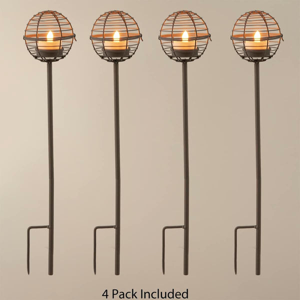 Solar Pathway Lights Outdoor, Rust Iron Ball Candle Holder Stake with Flickering Solar Powered Tea Lights, Perfect Decorative Garden Lighting for Yard Lawn Patio Landscape Decor Outside-4Pack7
