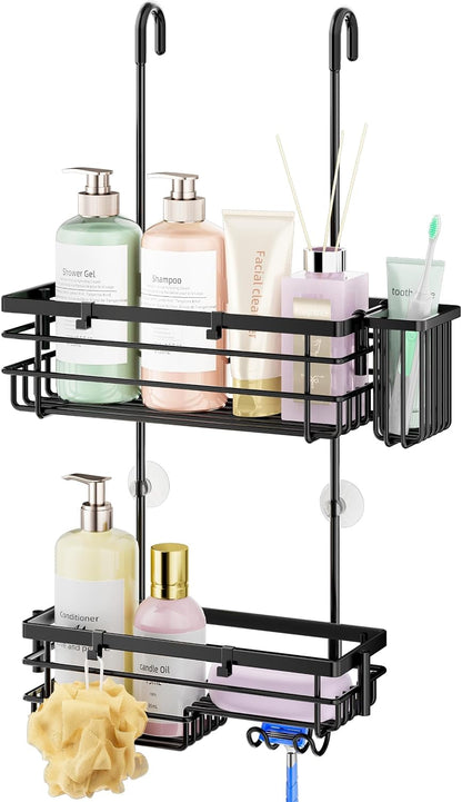 Hanging Shower Caddy – for Renters & Small Bathrooms, Fits Shower Curtain Rods, No Drilling, 2 Rustproof 304 Shelves, 4 Hooks, and a Detachable Toothbrush Holder You Can Rinse - Black1