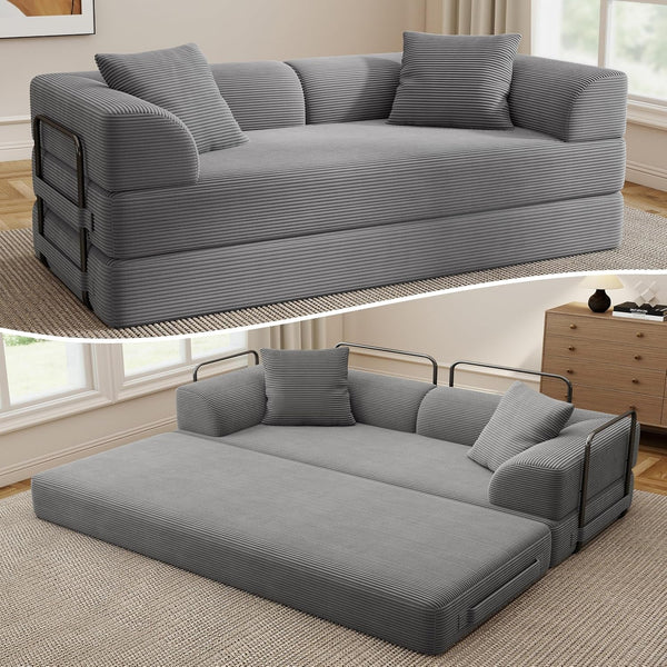 Cloud Boneless Couch Futon Sofa Bed, 5-In-1 Convertible Sofa Bed Pull Out Couch Sleeper Sofa Compressed Loveseat, 70" High-Density Sponge & Corduroy Fabric Futon Daybed for Living Room Bedroom (Gray)1