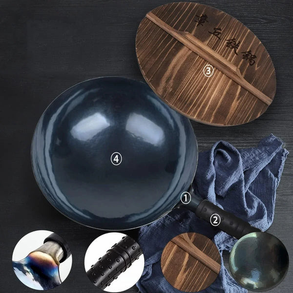 14-Inch Carbon Steel Wok, round Bottom Traditional Chinese Wok with Rubber Handle and Wooden Lid, Uncoated Non-Stick Wok for Gas Stoves, Home Cooking, Camping, and as a Gift2