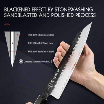 '- 8.5” Chef Knife, 3 Layers High Carbon Clad Steel Kiritsuke Knife, Composite Forging Steel, Professional Japanese Kitchen Knife, Redwood Octagonal Handle with Wooden Knife Sheath4