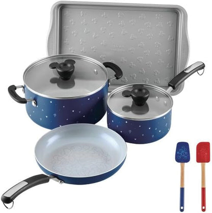 Disney Bon Voyage Ceramic Nonstick Pots and Pans Set with Baking Sheet/Cookie Pan and Disney Home Kitchen Tools, 8 Piece Non Stick Cookware Set - Blue1