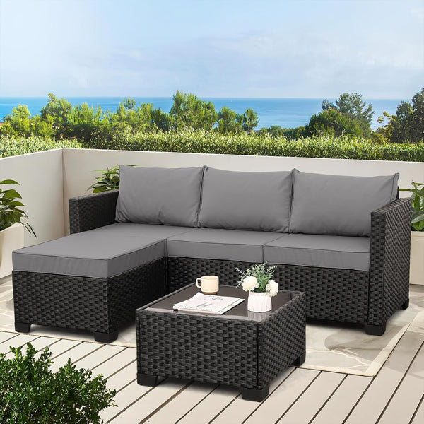 Wicker Patio Furniture Patio Couch 3 Pieces Outdoor Sectional with Ottoman and Outdoor Glass Table Weathering Anti-Slip Cushions Furniture Covers, Light Grey2