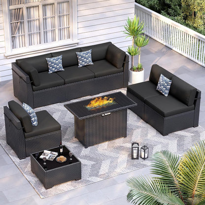 8 Piece Patio Furniture Set with 44” Fire Pit Table with Thickened Cushions1