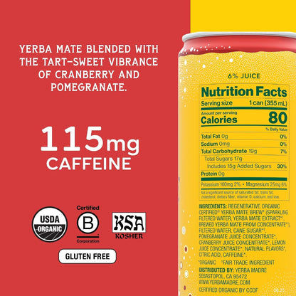 Yerba Madre Organic Sparkling Yerba Mate, Cranberry Pom, 115Mg Natural Plant Based Caffeine, Smooth Energy & Focus, Carbonated, 12Oz Cans (Pack of 12) (Packaging May Vary)2