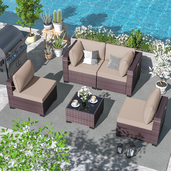 5 Pieces Patio Furniture Set Wicker Patio Conversation Set, Outdoor Sectional Furniture W/Coffee Table & Washable Seat Cushions-Sand1