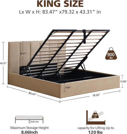 King Size Upholstered Lift-Up Storage Bed, Beige Linen-Look Fabric Bed Frame with Vertical Panel Headboard, Hydraulic Lift Storage, Wooden Slat Support, No Box Spring Needed2