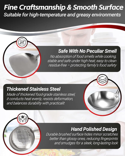 304 Stainless Steel Kitchen Utensils Set, 11PCS All Metal Cooking Tools Set with Tongs, Turner, Ladle, Skimmer & Serving Spoon, 15" Long Handle Dishwasher Safe Kitchen Utensil Starter Set8