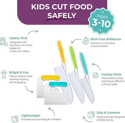 Toddler Knife Set for Real Cooking | Safe Kids Cutting | Ages 2-5 | Montessori Kitchen Tools | 2 Patented Choppers 3 Kid Safe Knives | BPA Free Dishwasher Safe | Birthday Christmas Gift2