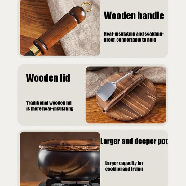 Iron Pot, 7.87-11.81 Inch Uncoated Iron Pan with Lid, No Chemical Coated Flat Bottom Japanese Pans, Woks & Stir-Fry Pans Set for Induction, Electric, Gas (Wooden Lid, 7.87In)5