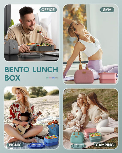 Adults Bento Lunch Box Set with Thermo Bag, 74Oz Stackable Leak-Proof 3-Tiers Bento Box, Built-In Utensil and Sauce Container for Work, School, Dining Out (Green)6