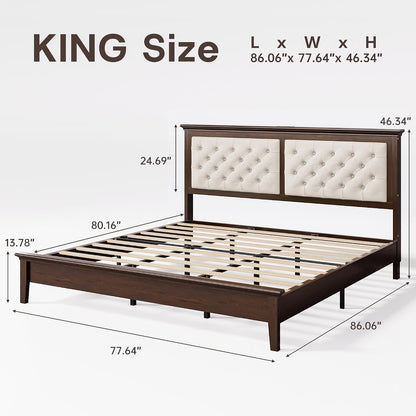 Solid Wood King Size Bed Frame 46” Tall Diamond-Tufted Upholstered Headboard, American Classic Flat-Top Bed, Stable Structure, Wood Slats Support, Noise-Free, No Box Spring Needed, Walnut2