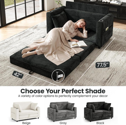 Convertible Sofa Bed, Loveseat Folding Floor Futon Sleeper Sofa, Pull Out Sofa Bed, Chenille Foldable Couch with Pillows, Cup Holders, Side Storage Pockets Living Room, Bedroom, Guest Room,Beige9