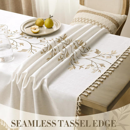 Cotton Linen Rectangle Tablecloth with Tassel for Dining Table, Burlap Heavy Duty Floral Farmhouse Coffee Kitchen Table Cloth Wrinkle Free Table Cover - Golden Flower, 55X79 Inch4