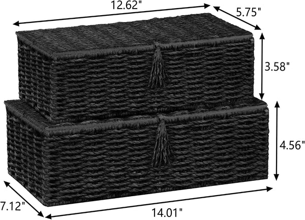 Wicker Shelf Baskets with Lid, Set of 2 Handwoven Wicker Storage Baskets for Shelves, Rectangular Storage Bins with Lids, Decorative Storage Boxes, Small Wicker Baskets for Organizing, Black2
