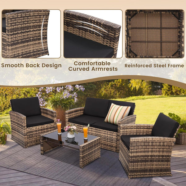 4 Piece Patio Furniture Set, Outdoor Wicker Conversation Set3