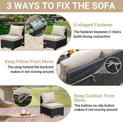 6-Piece Patio Furniture Set, All-Weather Outdoor Wicker Sectional Sofa with Cushions, Glass Table & Left and Right Armrest, Rattan Conversation Seating for Porch, Garden, Backyard,Beige6