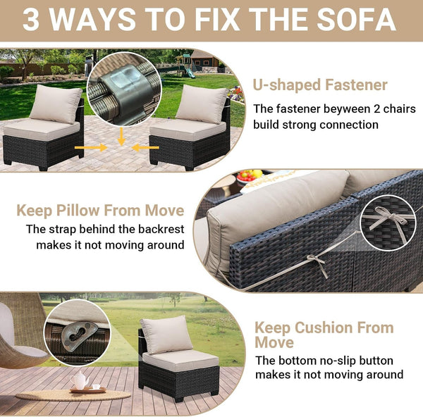 6-Piece Patio Furniture Set, All-Weather Outdoor Wicker Sectional Sofa with Cushions, Glass Table & Left and Right Armrest, Rattan Conversation Seating for Porch, Garden, Backyard,Beige6
