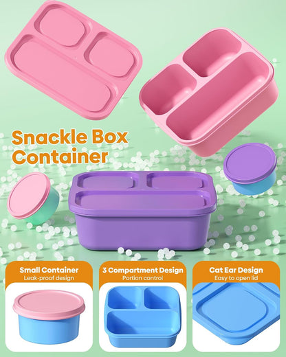 4 Pcs Bento Box Set, Reusable 3 Compartments Snack Boxes with 2 Leakproof Small Containers, Stackable Meal Prep Lunch Containers for School, Work, and Travel4