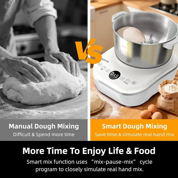 Comparison of manual dough kneading versus using an AIZIYO smart dough mixer.3