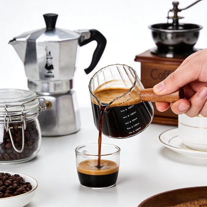 6OZ Wooden Handle Espresso Measuring Cup, Borosilicate Glass Milk Frothing Pitcher with Double Scale & V-Shaped Spout, Dishwasher Safe Coffee Accessories4