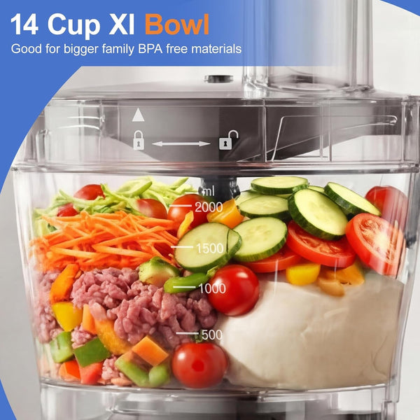 7-In-1 Professional Food Processor, 1000W Powerful Electric Vegetable Chopper, 14-Cup XL Bowl, Large Feed Chute, Cheese Shredding, Meat Chopping, Shredding and Slicing, Mixing and Doughing, Black2