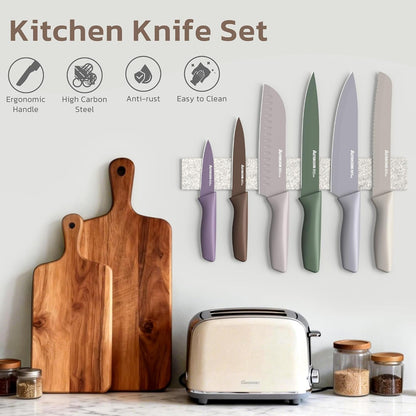 Knife Set, 13 Pieces Kitchen Knives Set with Healthy Anti-Rust Coating, Dishwasher Safe, Stainless Steel Chef Knife Sets with 6 Blade Guards, Fathers Day Gift for Men Morandi4