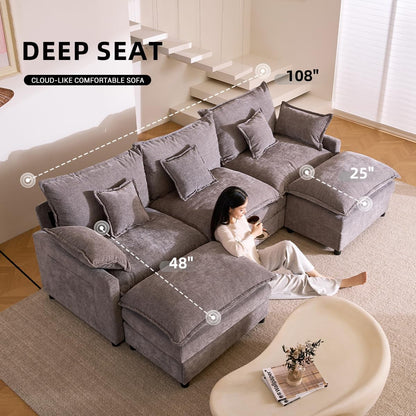 108" U-Shaped Modular Cloud Couch, Deep Seat, Chenille Slate3