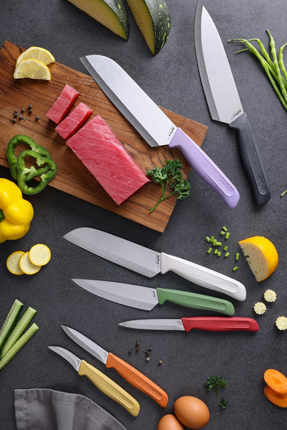 Classic 2 Piece Santoku Knife Set, Stainless Steel 15° Hollow-Ground Blades, Ergonomic Wheat Straw Handles, Finger Guard & Blade Covers, Dishwasher Safe11