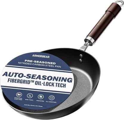 10 Inch Auto-Seasoning Nitrided Carbon Steel Pan, Professional Skillet for Induction Stovetop and Daily Searing, Pre-Seasoned Frying Pan, Wooden Handle, PFAS & Pfoa-Free1
