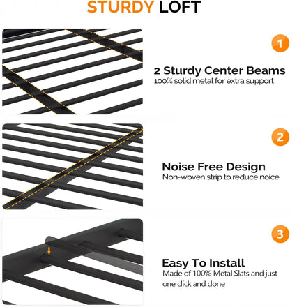 Queen Loft Bed with Flat Rungs for Adults, Kids and Young Teens, No Box Spring Required,Heavy Duty Metal Slat Support, Black6