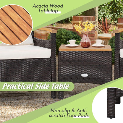 3-Piece Patio Furniture Set, Patiojoy Outdoor Rattan Sofa Set with Coffee Table, Patio Conversation Set with Removable Cushion, Cozy Acacia Wood Armrests for Backyard, Poolside (Off White)6