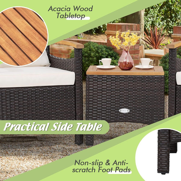 3-Piece Patio Furniture Set, Patiojoy Outdoor Rattan Sofa Set with Coffee Table, Patio Conversation Set with Removable Cushion, Cozy Acacia Wood Armrests for Backyard, Poolside (Off White)6