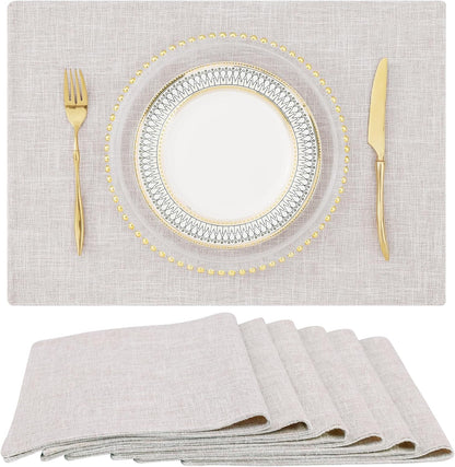 Faux Cotton Linen Placemats Set of 6, Cloth Washable Farmhouse Dining Table Mats for Indoors & Outdoors, Easy to Clean, Neutral Beige, 13 X 19 Inch1