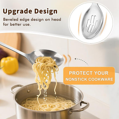 2 Pcs Stainless Steel Cooking Spoons Set, Solid & Slotted Metal Serving Spoons, Heavy Duty Sturdy Large Soup Ladle, High Heat Resistant Kitchen Cooking Utensils for Mixing, Stirring, Easy to Clean3