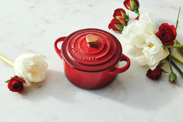 Le Creuset Stoneware Mini round Cocotte, 8Oz., White with Gold Heart Knob5