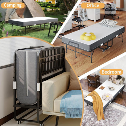 Folding Bed with Mattress for Adults,75" X 38" Portable Rollaway Bed Guest on Wheels with Memory Mattress and Heavy Duty Sturdy Metal Frame,Foldable Bed for Adults and Guest, Twin Size,Cot Size8