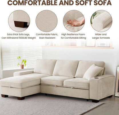 99" Convertible Sleeper Sofa Bed,L Shaped with Storage Chaise Pull Out Couch for Living Room,Usb and Type-C,Removable Washable Chenille Covers (Beige)6