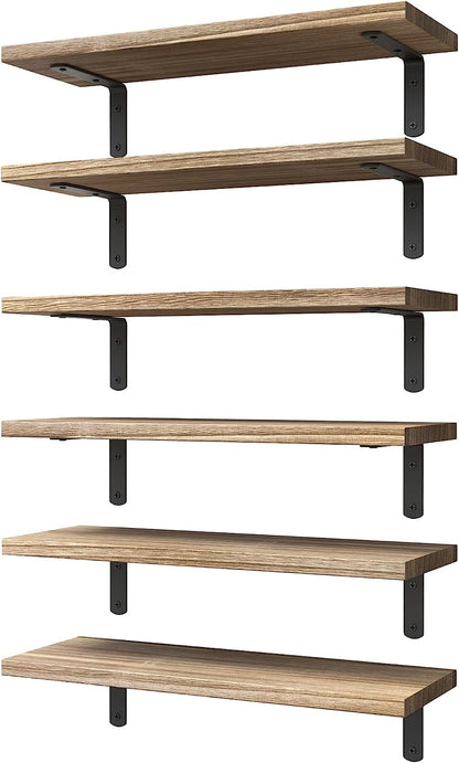 Floating Shelves Set of 6 for Wall Decor & Storage, Rustic Brown | Wood Farmhouse Book Shelves for Bedroom, Bathroom, Living Room, Kitchen, Office, Laundry Room, Study Room Display, 16.5''1