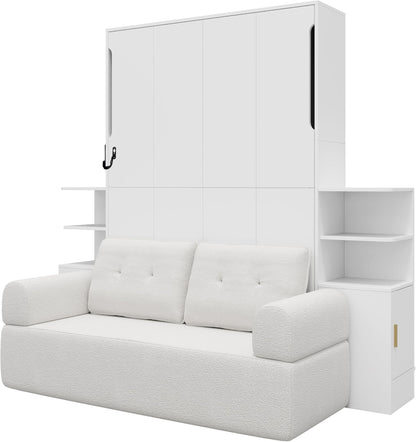 Wall Murphy Bed with Sofa and Storage Cabinets, Space-Saving Wall Bed for Home Office & Guest Room, Full Size, White6