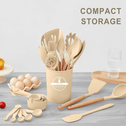 Kitchen Utensils Set - 34 PCS Non-Stick Silicone Cooking Utensils Set Spatula Set with Holder, Wooden Handle Spoon,Brush,Whisk Kitchen Gadgets Tools Set for Nonstick Cookware (Khaki-34P)8