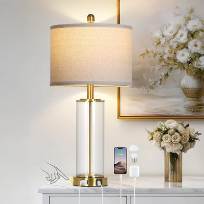 26 Inch Gold Glass Table Lamp Single, 3-Way Dimmable Touch Lamp for Living Room, Modern Bedroom Lamp with USB C+A Ports & Outlet, Classic Bedside Brass Lamp for Nightstand Side End Table Decoration1