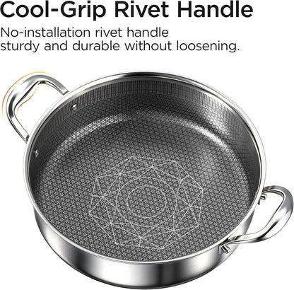 5Qt Hybrid Sauté Pan with Lid, Nonstick Braiser, Chicken Fryer | Non-Toxic Coating Pot, Dishwasher & Oven Safe, Induction Ready, Dual Cool Handle, 3-Ply Stainless Steel Clad for Fast Heat5