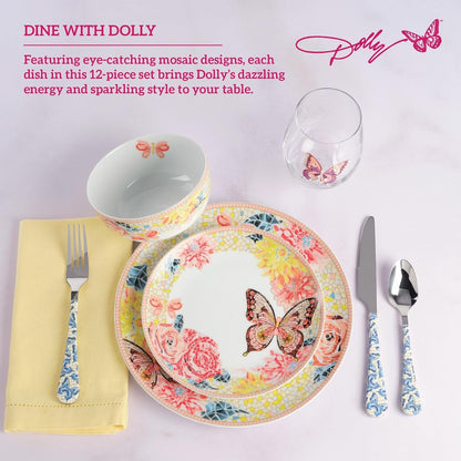 12 Piece Jeweled Mosaic Butterfly Dinnerware Set Porcelain Dinner Plates, Salad Plates, Bowls, Service for 4, Microwave Dishwasher Safe4