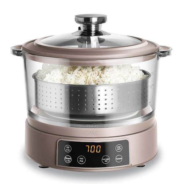 Glass Mini Low Carb Rice Cooker – Holds 2 Cups Raw/Makes 6 Cups Cooked with Auto Lift Filter Basket, Hotpot & Steamer for Rice, Grains, Digital Panel with Keep Warm, Goat/Mink1